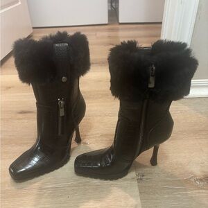 Black Heeled Boots With Fur Trim
